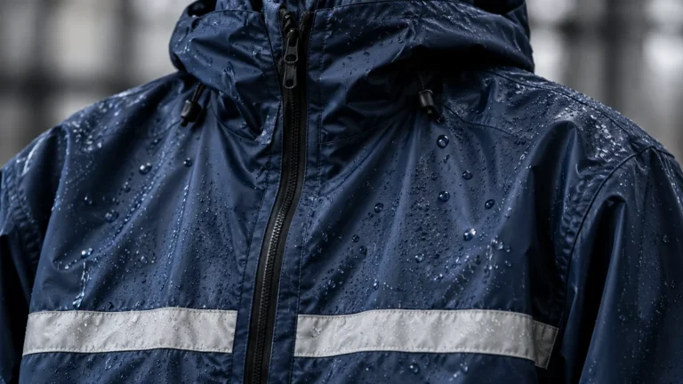 Water droplets on a navy reflective waterproof jacket