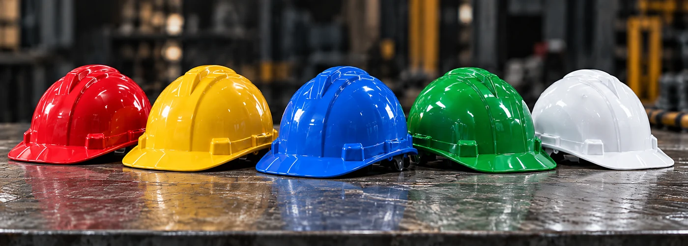 Red, yellow, blue, green and white safety helmets showing color options