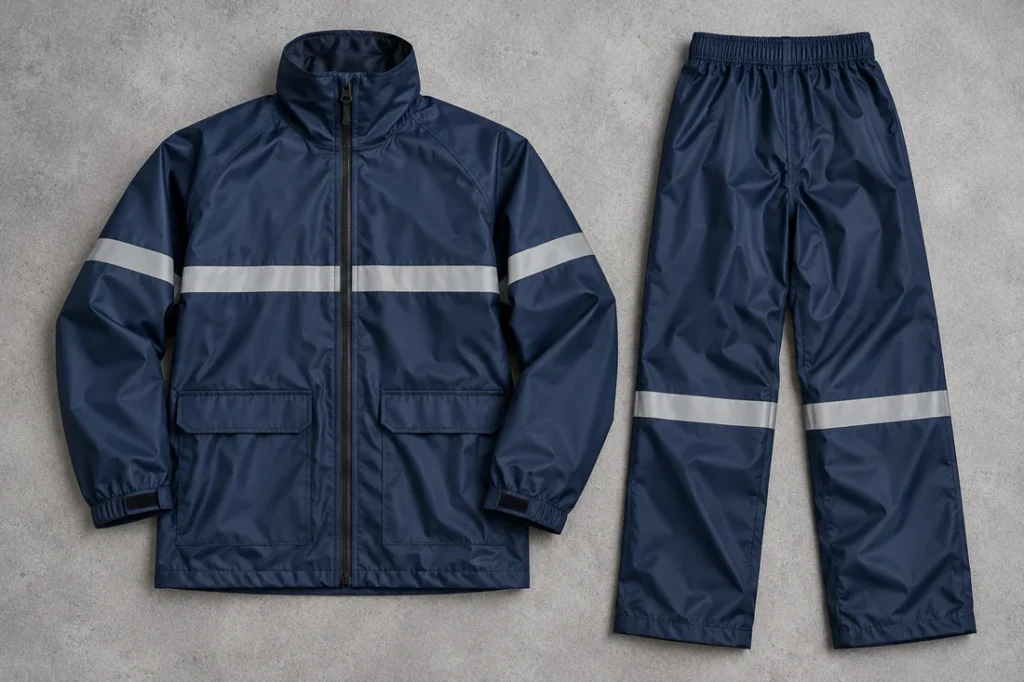 Navy waterproof work jacket and trousers with reflective tape
